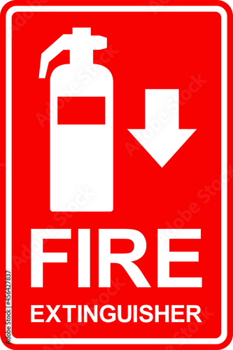 Fire extinguisher sign with arrow symbol. White on Red background. Safety signs and symbols.