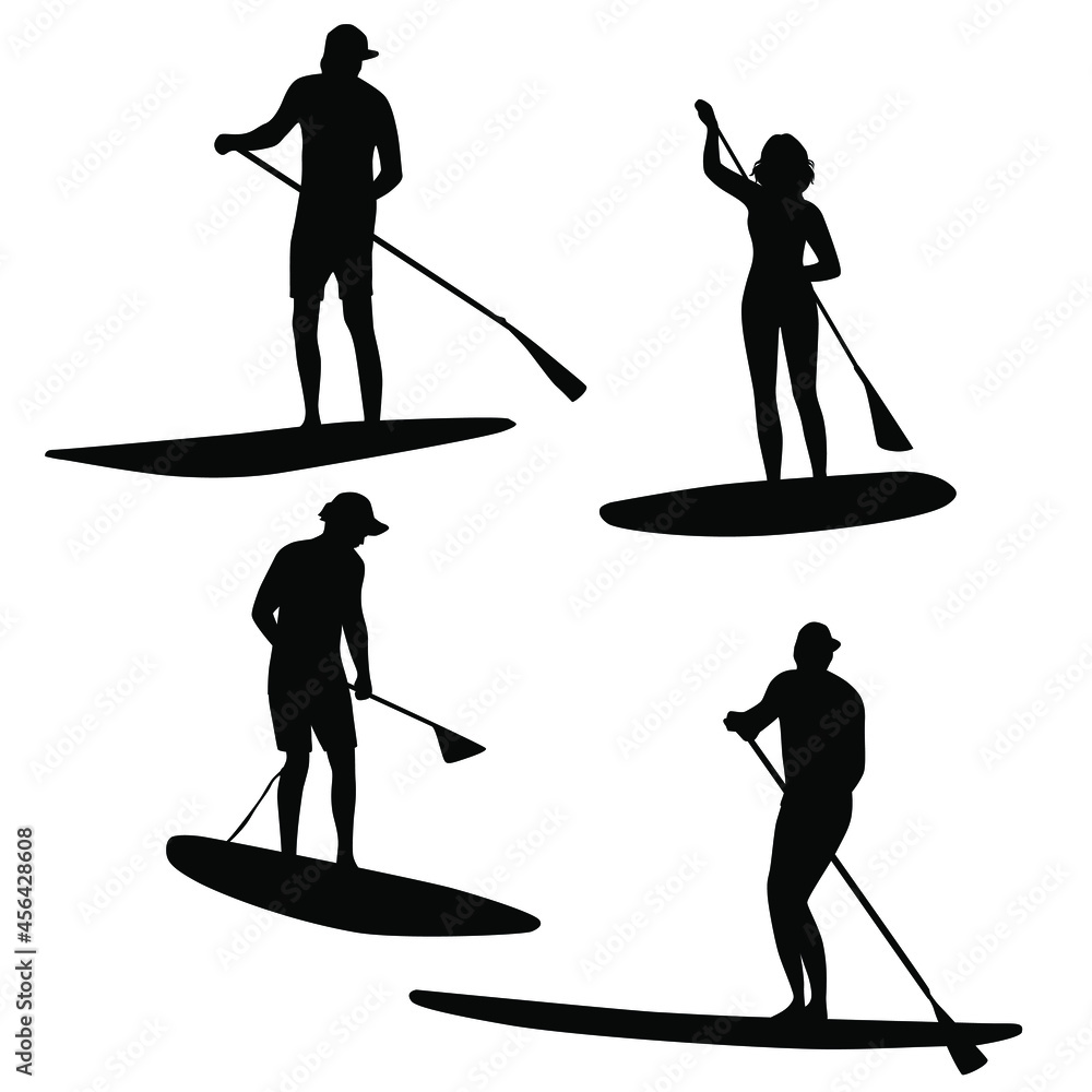 Set of silhouettes men and woman with SUP-BOARD stand-up padding. Paddle  board beach man