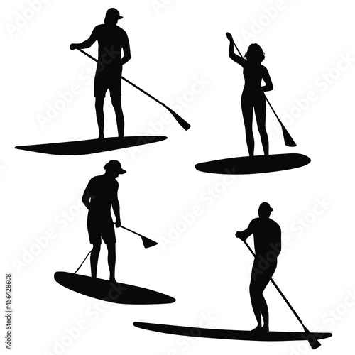 Set of silhouettes men and woman with SUP-BOARD stand-up padding. Paddle board beach man stand up on paddle board and learns surfing on water, cartoon flat design, black color isolated on white backgr