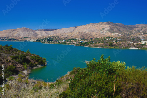 Scenic landscape shot of Germasogeia dam in Cyprus on a beautiful blue sky day.
