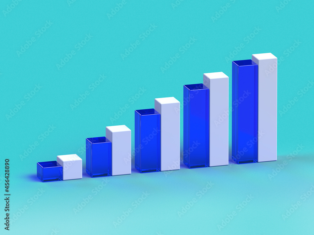 3D rendered bar diagram in blue and light colors. Illustration for hydrogen technologies, analysis, or future engineering. Visualization for data charts and sustainability. 3D rendered bar diagram in blue and light colors. Illustration for hydrogen technologies, analysis, or future engineering. Visualization for data charts and sustainability.