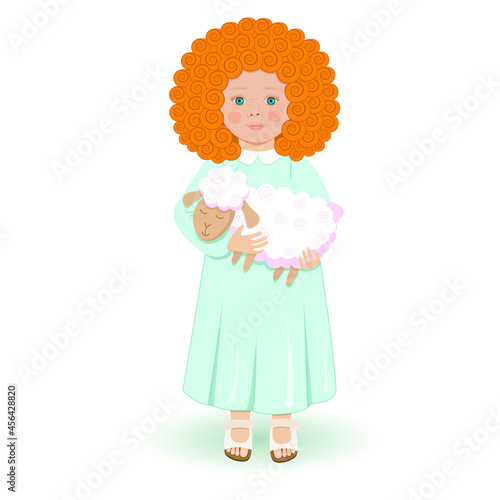 A sweet girl with a fluffy sheep. Vector illustration. Red orange hair.