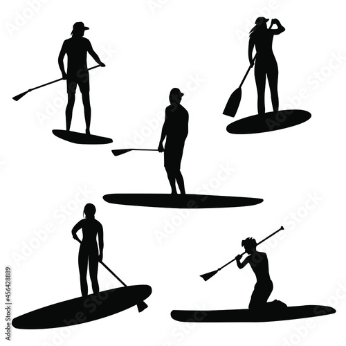 Set of silhouettes men and women with SUP-BOARD stand-up padding. Paddle board beach man stand up on paddle board and learns surfing on water, cartoon flat design, black color isolated on white backgr