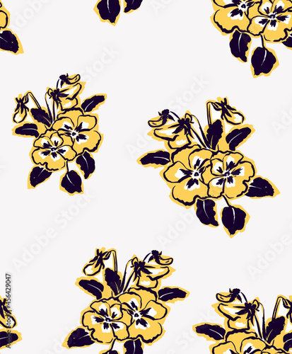 Hand drawn sketchy style seamless pattern with bouquets of yellow flowers