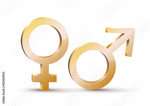 Gender symbols set. Gold sign for male and female. Vectoral isolated illustration, 3d. Man and woman. Sex.Realistic vector