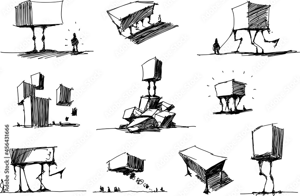 many hand drawn architectectural sketches of a modern abstract fantastic architecture  and cretures