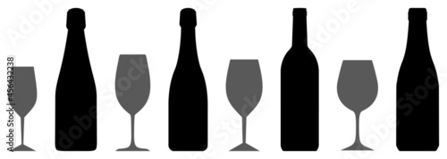Set of wine glasses and bottles icons. (Collection of silhouette vectors of wine glasses and bottles).