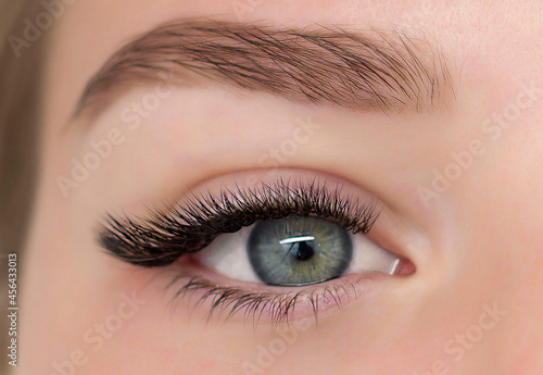 Beautiful open eyes close-up with elongated eyelashes. L-bend.