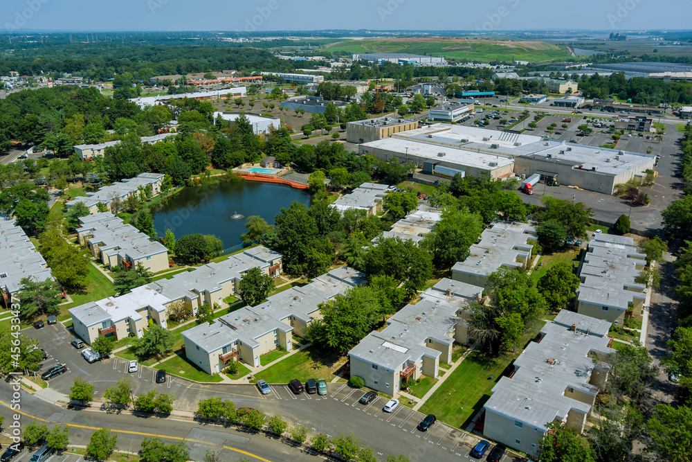 Wide panorama, aerial view with tall buildings, in the beautiful residential quarters NJ USA