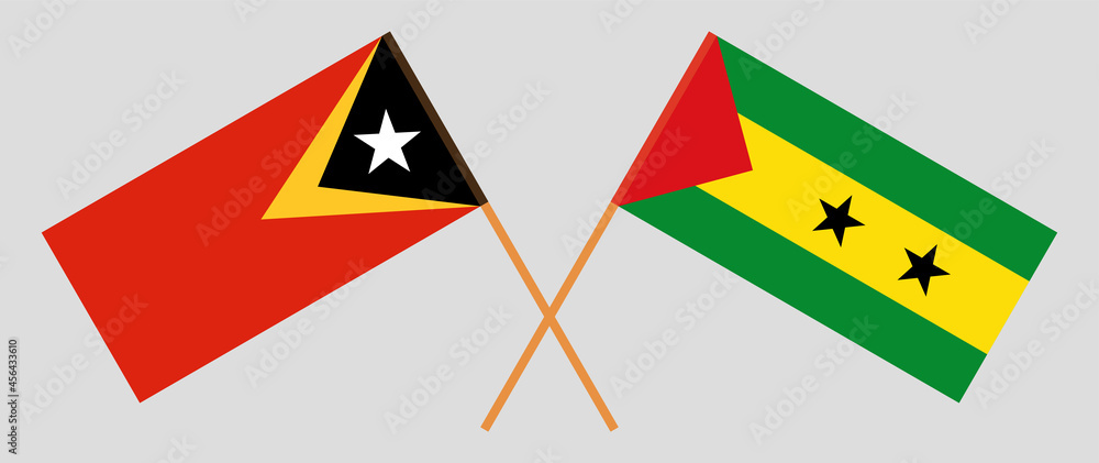 Crossed flags of East Timor and Sao Tome and Principe. Official colors. Correct proportion Crossed flags of East Timor and Sao Tome and Principe. Official colors. Correct proportion