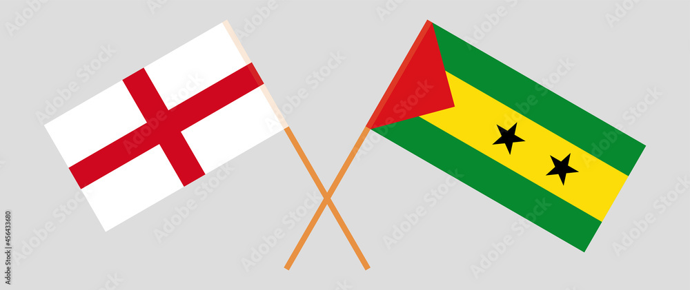 Crossed flags of England and Sao Tome and Principe. Official colors. Correct proportion