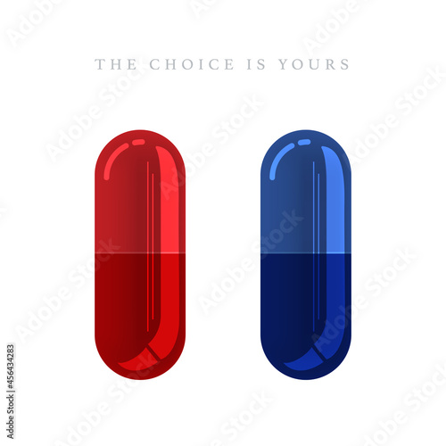 Vector 3d Realistic Red and Blue Medical Pill Icon Set. The choice is yours. Design template of Pills, Capsules for graphics, Mockup. Medical and Healthcare Concept. Top View