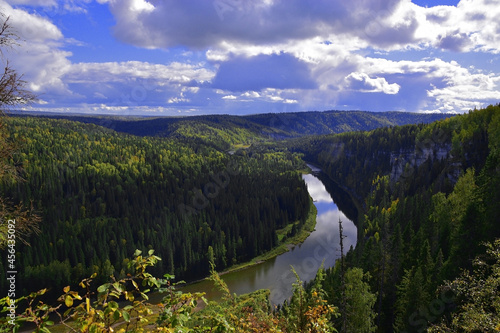 Rainy autumn weather over the Usva River and Usvinskie Stolby Stone