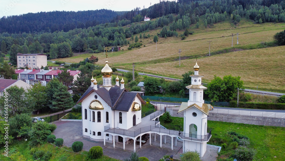 View of the Pravoslávny chrám Záštity Presvätej Bohorodičky Orthodox Church in the village Smolník near Kosice. Slovakia. Europe