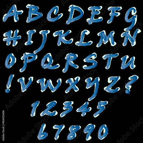 Vector set: capital letters of the Latin alphabet, exclamation, question marks and numbers: 1, 2, 3, 4, 5, 6, 7, 8, 9, 0. Winter texture. Blue letters with white snow on a black background.