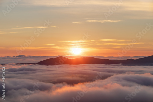 Sunrise on the foggy morning. Landscape with high mountains. Panoramic view. Forest of the pine trees. Touristic place. Natural scenery. Location Carpathian, Ukraine, Europe. Wallpaper background.
