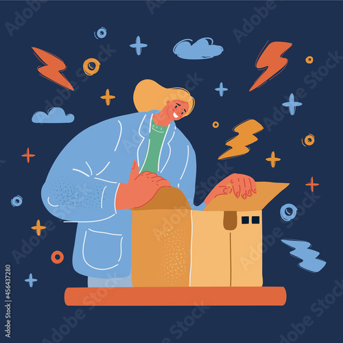 Vector illustration of woman unpacks the box over dark backround.
