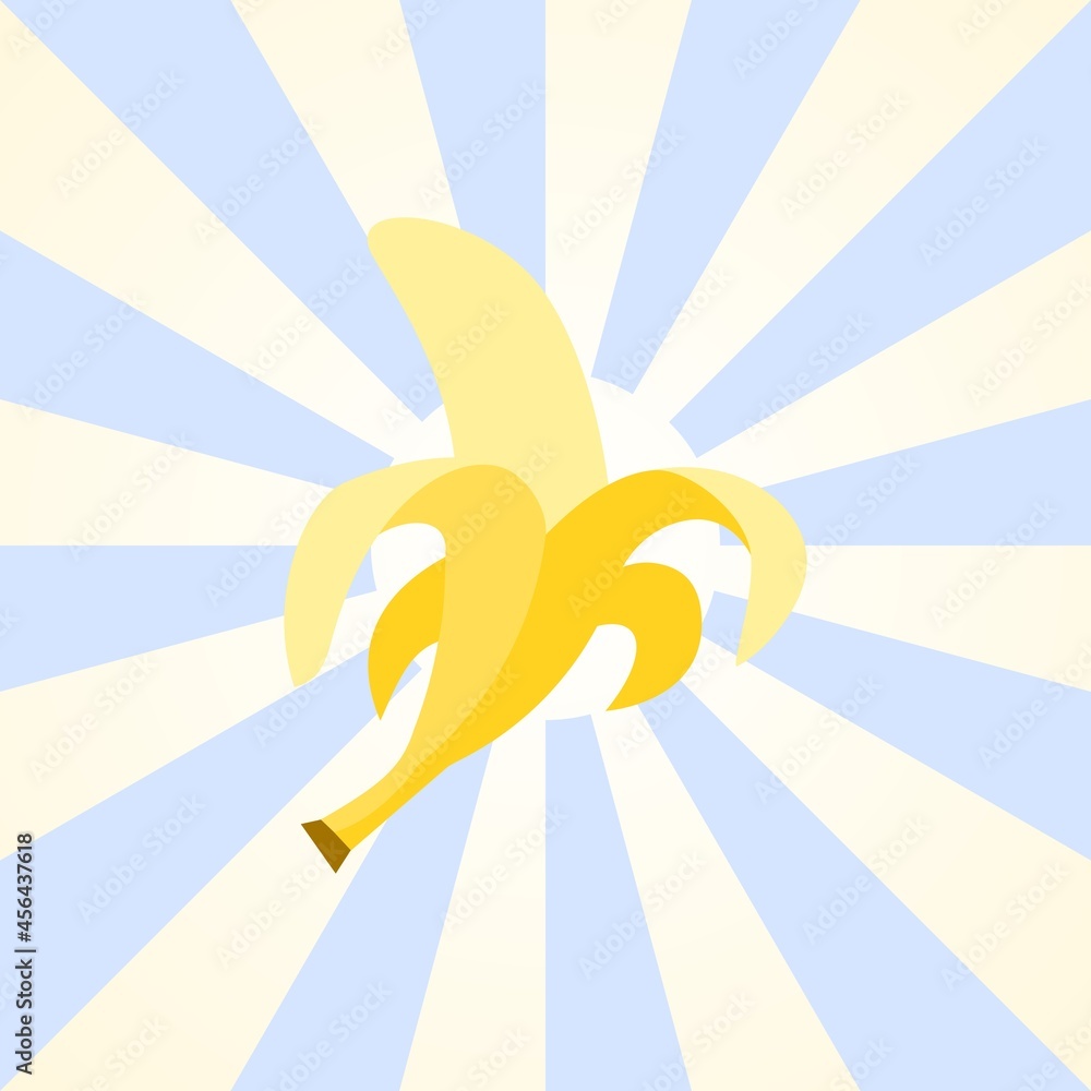 Half-peeled banana on sunburst background