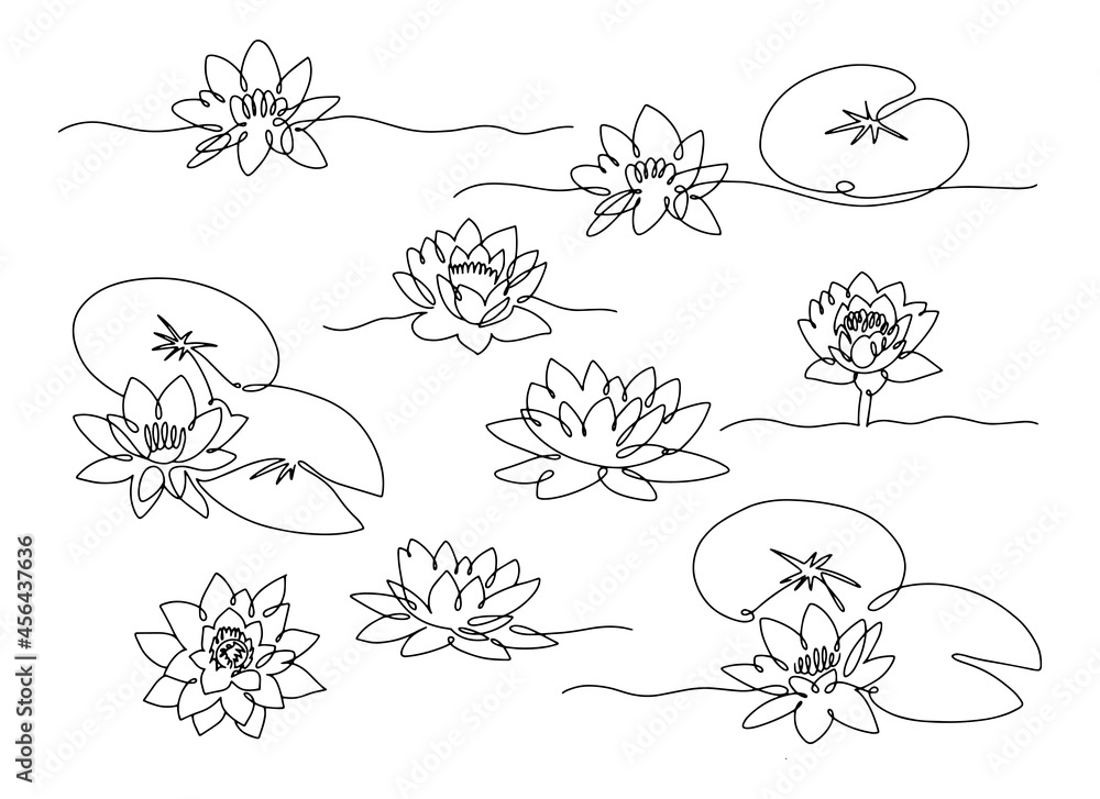 Line art water lily. Set of minimal flowers with leaves Line art water lily. Set of minimal flowers with leaves