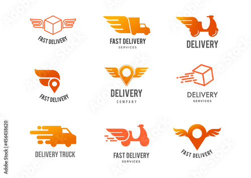 Blue delivery logos collection, set of emblems, symbols and icons. Fast delivery concept design