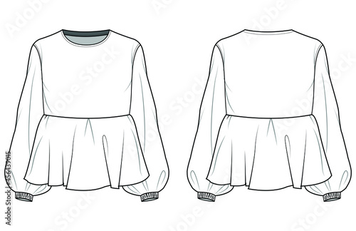 Women Bishop Sleeve Peplum Top Front and Back View Vector Fashion Illustration , CAD, Technical Drawing, Flat Drawing.