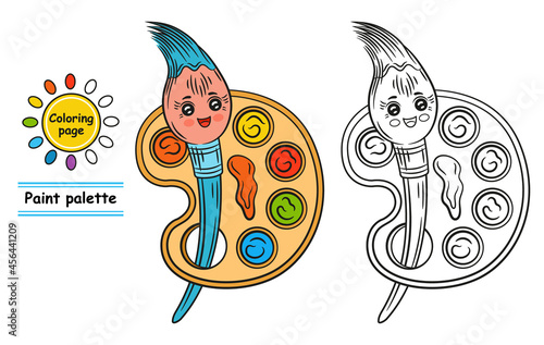 Paint palette and brush character for kids coloring book. Cute painting pen with smile. Art material. Painter supplies. Cartoon colored and black outline drawing. Colouring page, children game. Vector