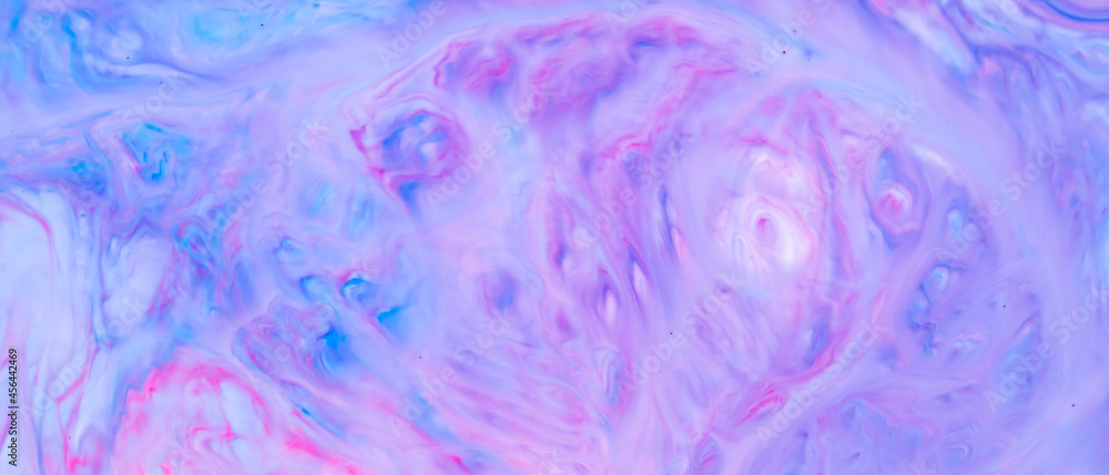 Fluid Art. Abstract liquid paint textured background with decorative spirals and swirls. Liquid pink blue backdrop. Trendy wallpaper