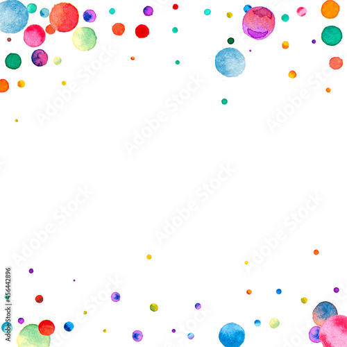 Watercolor confetti on white background. Actual rainbow colored dots. Happy celebration square colorful bright card. Cool hand painted confetti.