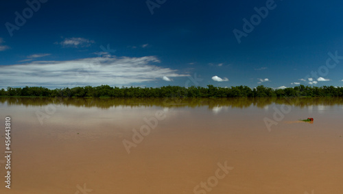 Symmetry in nature. Panorama view of the brown water Parana river under a clear blue sky. View of the wide river and jungle reflection in the water.