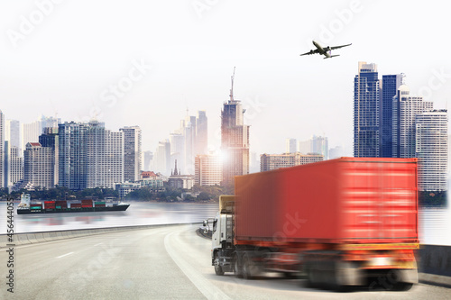 Double exposure of delivery industry and logistics concept container truck ,ship in port and freight cargo plane in transport and import-export commercial logistic ,shipping business industry