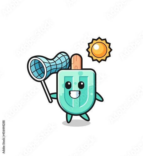 popsicles mascot illustration is catching butterfly