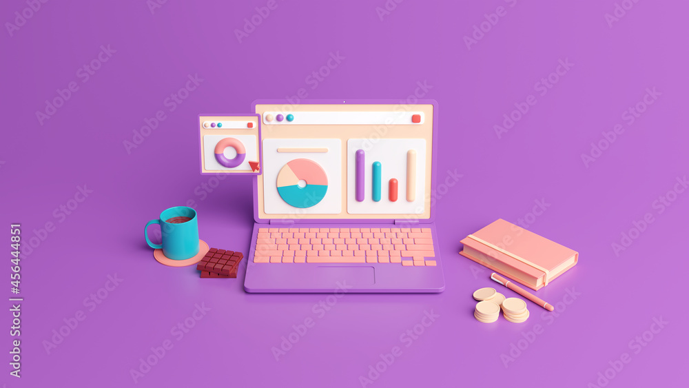 3d laptop with graphic and chart 3d laptop with graphic and chart