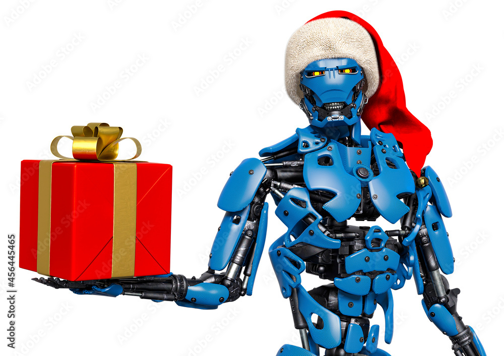 Fototapeta premium cyborg is holding present and gift like a santa