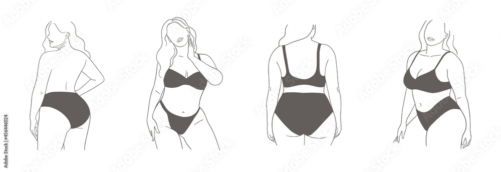 Set of posters with minimalistic female figures. Linear female plus size bodies in lingerie or swimsuit. Faceless portraits. Modern line art style. Vector illustration. Set of posters with minimalistic female figures. Linear female plus size bodies in lingerie or swimsuit. Faceless portraits. Modern line art style. Vector illustration.