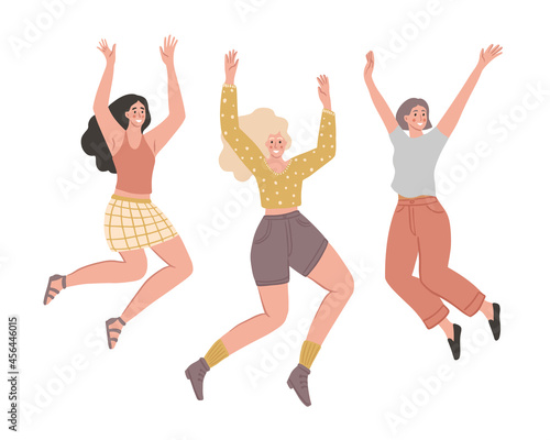 Group of smiling jumping girls. Young happy women celebrating success. Women dancing. Isolated on white background. Cartoon flat style vector illustration