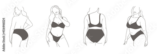 Set of posters with minimalistic female figures. Linear female plus size bodies in lingerie or swimsuit. Faceless portraits. Modern line art style. Vector illustration. 