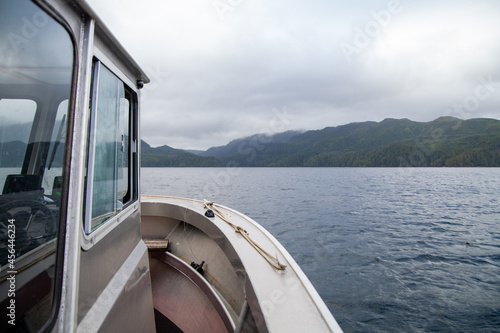 Views of Quatsino Sound from a fishing charter boat leaving Winter Harbour, British-Columbia, on Vancouver Island. The town depends on sport fishing and fishing lodges for income.