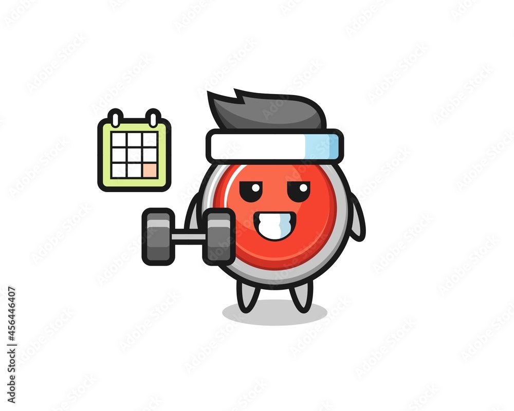 emergency panic button mascot cartoon doing fitness with dumbbell