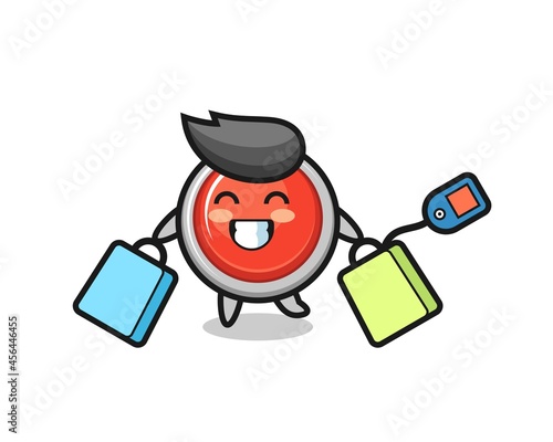 emergency panic button mascot cartoon holding a shopping bag