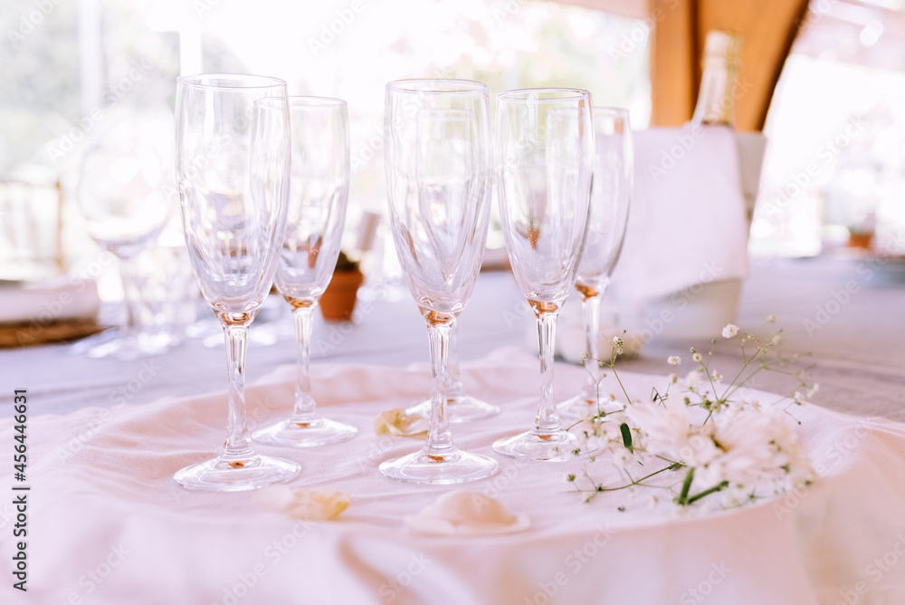 Empty champagne glasses arranged on a tray before a joyous and festive celebration with alcohol. Empty champagne glasses arranged on a tray before a joyous and festive celebration with alcohol.