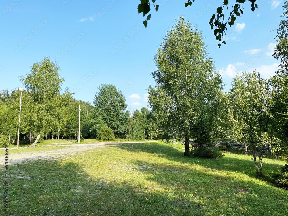 Park with meadows along Lake Lepenica and the surrounding mixed forest of Gorski kotar - Fuzine, Croatia (Park s livadama uz jezero Lepenica i okolnu mješovitu šumu Gorskog kotara - Fužine, Hrvatska)