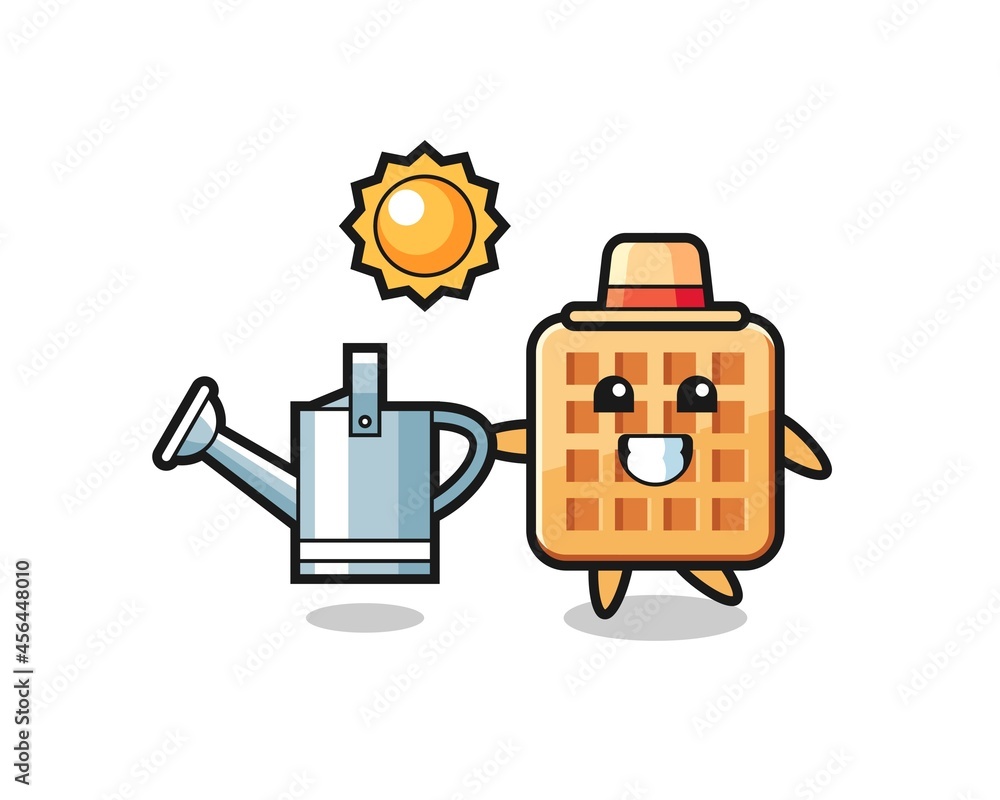 Cartoon character of waffle holding watering can Cartoon character of waffle holding watering can