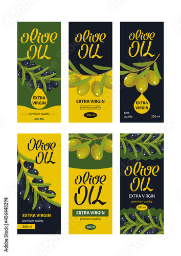 Olive oil labels extra virgin premium quality set with olive branches, handwritten sign. Vector illustration, cartoon, template collection, background, banner, sticker, bage, packaging, emblem, sign