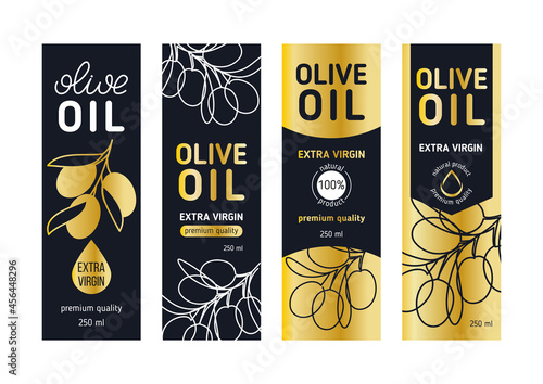 Olive oil label premium set  with continuous line hand drawn olive branch. Vector illustraion, minimalism, simplicity one line drawing, black, gold. Template for packagin. Olive logo luxury modern
