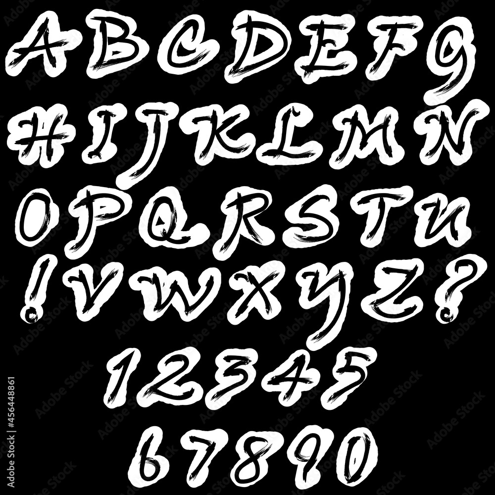 Vector set: capital letters of the Latin alphabet, exclamation, question marks and numbers: 1, 2, 3, 4, 5, 6, 7, 8, 9, 0. Written by hand. Black and white isolated elements on a black background. Vector set: capital letters of the Latin alphabet, exclamation, question marks and numbers: 1, 2, 3, 4, 5, 6, 7, 8, 9, 0. Written by hand. Black and white isolated elements on a black background.