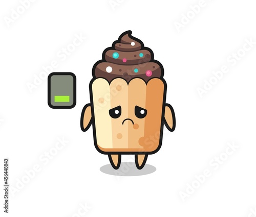 cupcake mascot character doing a tired gesture