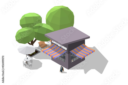 Isometric coffee shop or small garden cafe and bench to sit and wait 3D model of a coffee shop and outdoor seat vector illustration isolated on white backgrounds