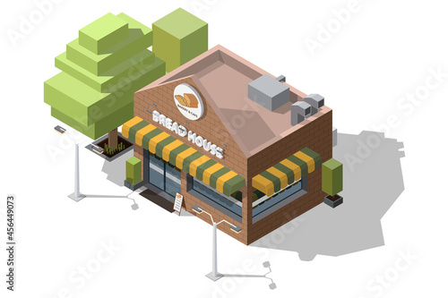 Isometric bakery and cafe with sign or logo on top in the shape of bread 3D model of bread shop and tree with street lamps vector illustration isolated on white backgrounds