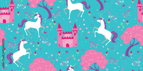 Magical Unicorns and Pretty Castles seamlessly repeat in this fantasy themed vector pattern. It's perfect for backgrounds, fabric, or wall paper. Cheerful, girly color scheme.