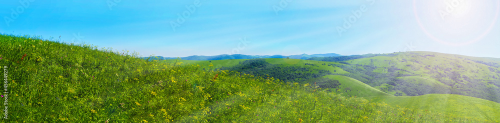 Green lawn sky and mountain background. Beautiful panoramic landscape of a lush grassland in sunny day